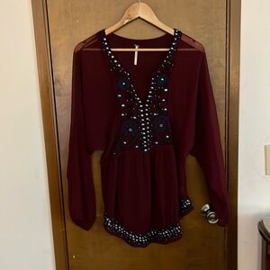 Free People Sheer Tunic Burgundy Size Small